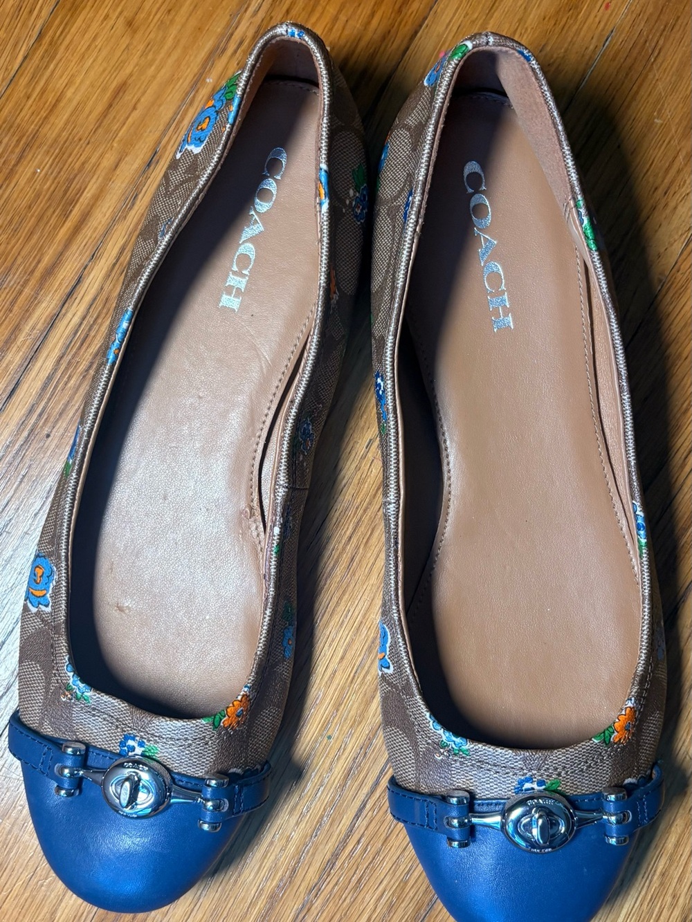 COACH Brown Floral Canvas and Blue Leather Ballet Flats